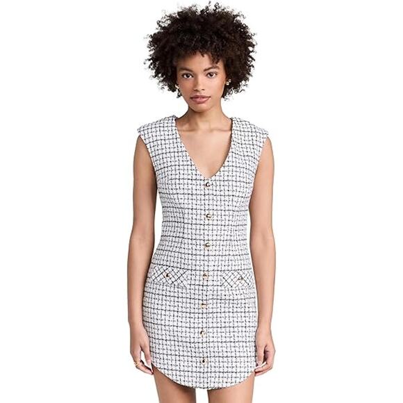 NWT Amanda Uprichard Ivana Mini Dress Tweed Button Front White Black Size Medium - Picture 6 of 14
